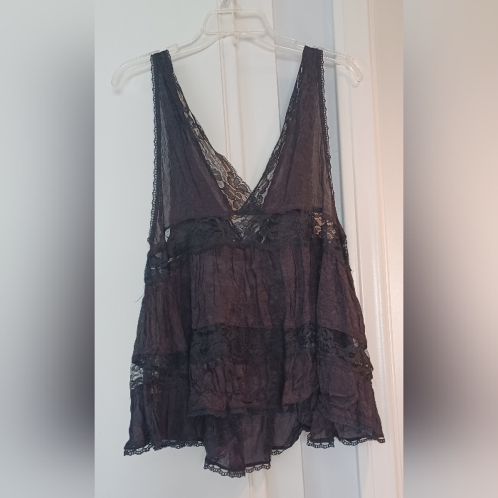 Intimately Free People M Black Voile Lace V-neck Sleeveless Flowy Sheer Tank Top